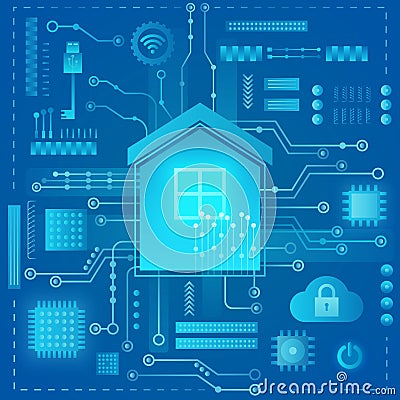 Smart home modern absract light style concept. Smart home in microchip pathways futuristic background. Internet of Vector Illustration