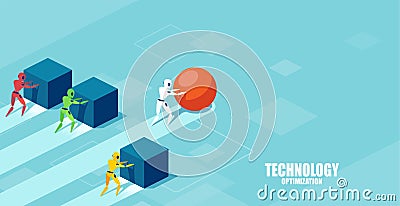 Vector of a smart robot pushing a sphere leading the race against a group of slower robots pushing boxes Stock Photo