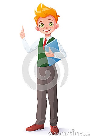 Vector smart school boy index finger pointing up with idea. Vector Illustration