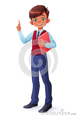 Vector smart smiling schoolboy index finger pointing up with idea. Vector Illustration