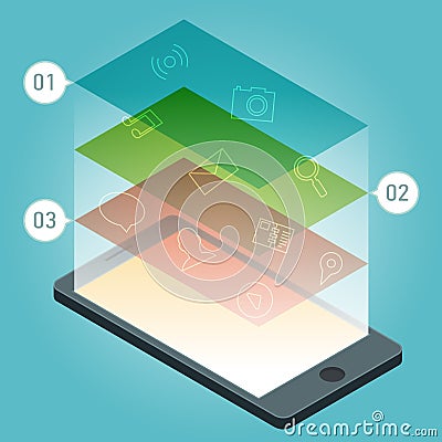 Vector smartphone device with applications icons and infographic elements in flat design. Vector Illustration