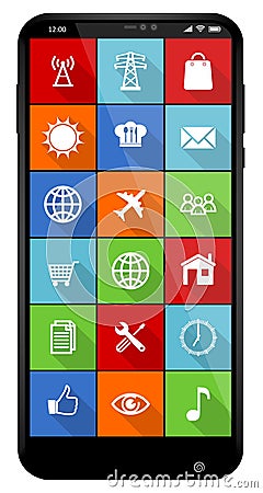 Vector smartphone mockup isolated on white background. Front view of modern android multimedia mobile phone with applications Vector Illustration
