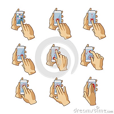 Vector smartphone touchscreen hand gestures set Vector Illustration