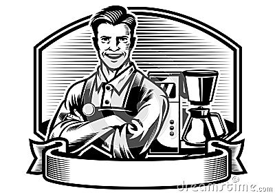 Smiling barista with the espresso machine background Vector Illustration