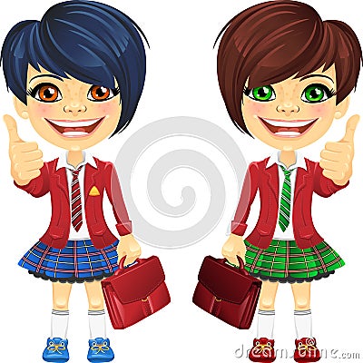 Vector smiling brunette cute schoolgirls Vector Illustration