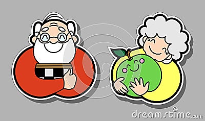 Vector of smiling old people. Grandfather is a chess player. Grandmother gardener hugs a huge apple. Old woman and old man, Vector Illustration