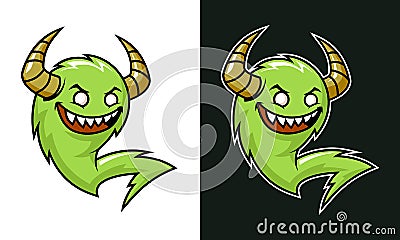 Cartoon troll with horns. Green laughing monster. Vector Illustration