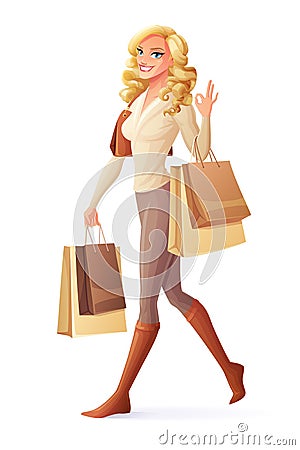 Vector smiling woman walking with shopping bags and showing OK. Vector Illustration