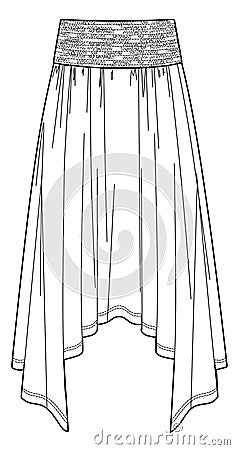 Vector smocked midi skirt fashion CAD woman flared skirt with asymmetric hem Vector Illustration