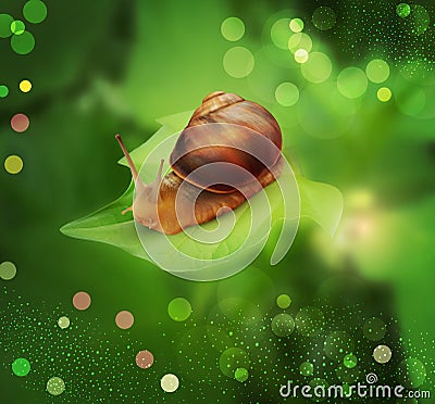 Vector snail crawling on the green leaf Vector Illustration