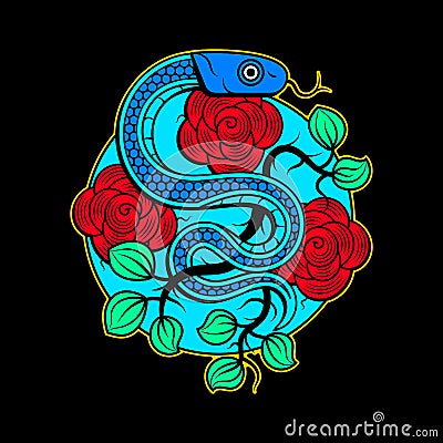 vector snake and skull tattoo design with banner Vector Illustration