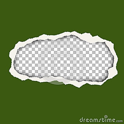 Vector snatched hole in green foliage color paper sheet. Transparent background of resulting window has space for text or ad. Torn Vector Illustration