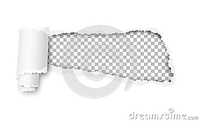 Vector snatched hole in white sheet of paper with soft shadow and transparent background in the resulting window Vector Illustration