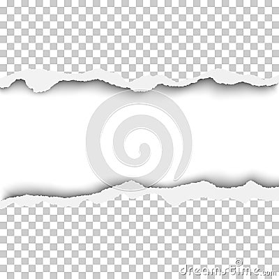 Vector snatched horizontal lane with torn edges in sheet of transparent and checkered paper. White background of the resulting Vector Illustration