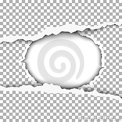 Vector snatched middle of paper with torn edges, soft shadow. Round window with white background made under first hole. Double Vector Illustration