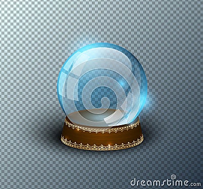 Vector snow globe empty template isolated transparent background. Christmas magic ball. Blue glass ball dome, wooden stand Vector Illustration