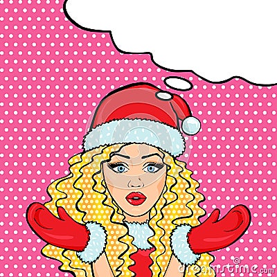 Vector Snow Maiden in red costume, pop art comic surprised woman with thought bubble Vector Illustration