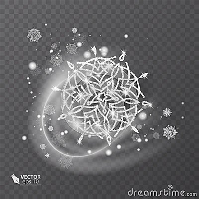 Vector snowflake with glittering texture, background for winter and christmas theme. Snow frost effect on transparent Vector Illustration