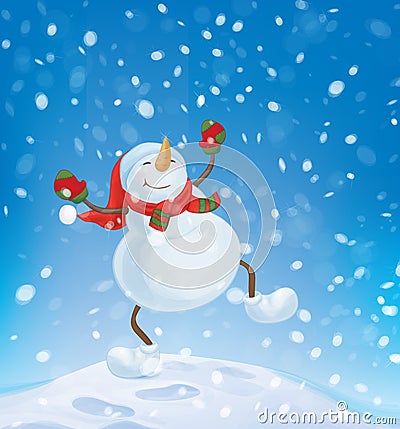 Vector snowman dancing on snowfall background. Vector Illustration