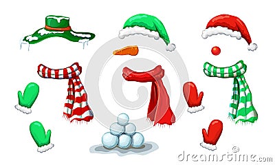 vector snowman face mask collection with accessory isolated on white. xmas holiday funny costume of snowman with various hats, Cartoon Illustration