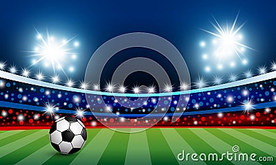 Vector soccer ball on green grass in the stadium Vector Illustration