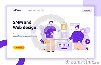 Vector social media and website creation process design concept with big man and woman holding web elements Vector Illustration