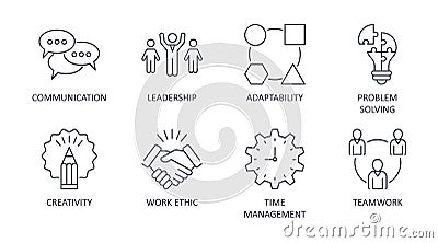 Vector soft skills icons. Editable stroke. Interpersonal attributes symbols succeed in workplace. Communication teamwork Vector Illustration