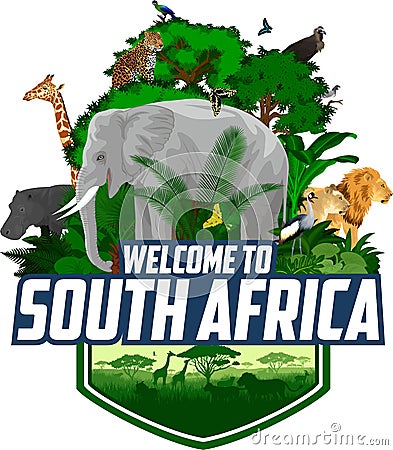 Vector south african emblem with giraffe, elephant, lions, hippo, Hartlaub`s turaco and butterflies Vector Illustration