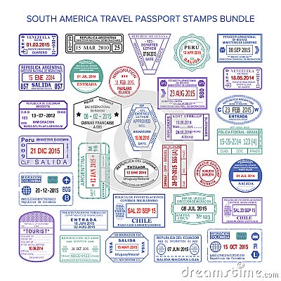 Vector South America colour travel visa stamps set Vector Illustration