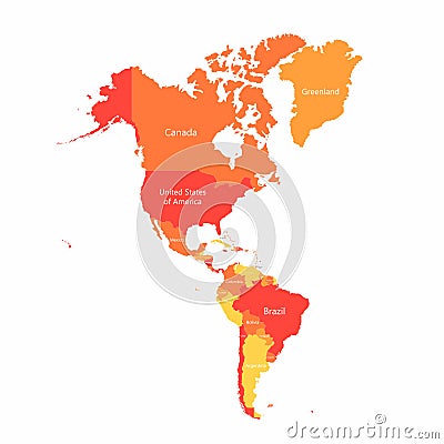 Vector South America and North America map with countries borders. Abstract red and yellow American countries on map Vector Illustration