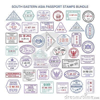 Vector south eastern asia color travel visa stamps bundle Vector Illustration