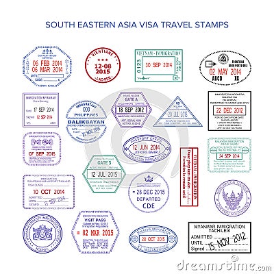 Vector south eastern asia color travel visa stamps set Vector Illustration