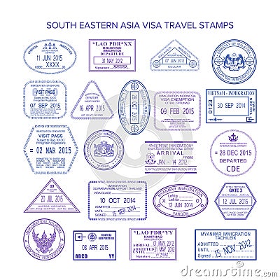 Vector south eastern asia travel visa stamps set Vector Illustration