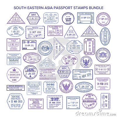 Vector south eastern asia travel visa stamps set Vector Illustration