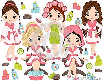 Vector Spa Set with Young Girls and Spa Elements Vector Illustration