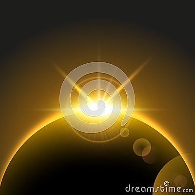 Vector Space Background with rising sun, earth, planet, sunrise Vector Illustration