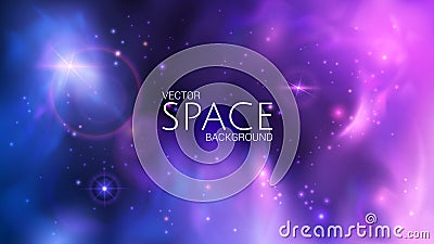 Vector space. Blue and purple blurred abstract background with reÐ°listic nebulae, shining stars and distant planets. Vector Illustration