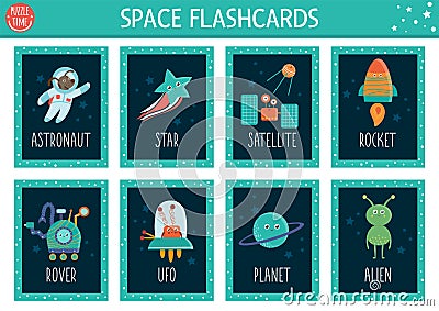 Vector Space flash cards set. English language game with cute astronaut, star, rocker, planet, alien kids. Astronomy flashcards Vector Illustration