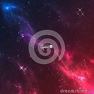 Vector space galaxy background. Colourful violet-red nebulae with bright stars. Vector Illustration