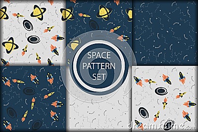 Vector space seamless pattern with planets, comets, constellations, rockets and stars. Sky illustration astronomical background. Vector Illustration