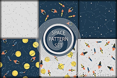 Vector space seamless pattern with planets, comets, constellations, rockets and stars. Sky illustration astronomical background. Vector Illustration