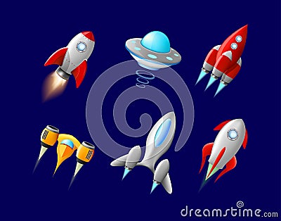 Vector spaceship and UFO vector set in cartoon style. Rocket and spacecraft, futuristic transportation, collection ship Vector Illustration