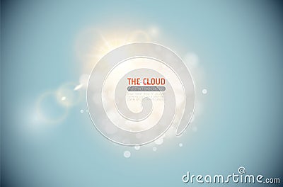 Vector sparkling cloud with shining lens flare light effect on blue sky background. Glowing center headline place. Abstract light Vector Illustration