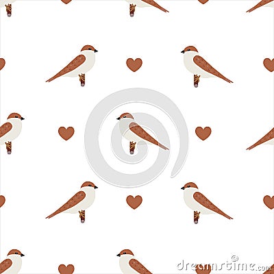 Vector sparrow seamless pattern illustration isolated on white background. Cute hand-drawn sparrow birds. Vector Illustration