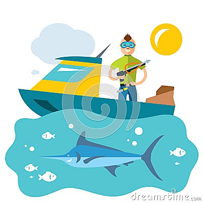 Vector Spearfishing. Fishing. Flat style colorful Cartoon illustration. Vector Illustration