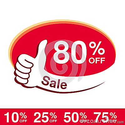 Vector special sale offer. Red tag with best choice. Discount offer price label with hand gesture. Sticker of 80 % off. Vector Illustration