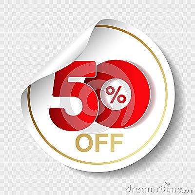 Vector special sale offer. White tag with red 50 % off. Discount offer price label. Circular sticker, coupon. Vector Illustration