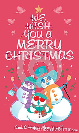 Vector of a snowman`s family, singing Christmas carol under the snow. Stock Photo