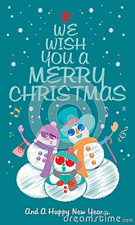 Vector of a snowman`s family, singing Christmas carol under the snow. Stock Photo