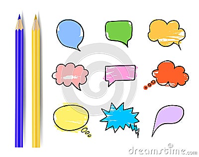 Vector Speech Bubbles Set, Colorful Design Elements Collection with Pencils, Comic Boxes. Vector Illustration